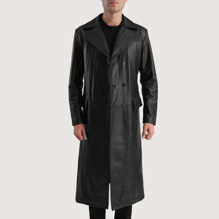 Mens Delmar Black Leather Double Breasted Coat Open Front-4-1700478959427